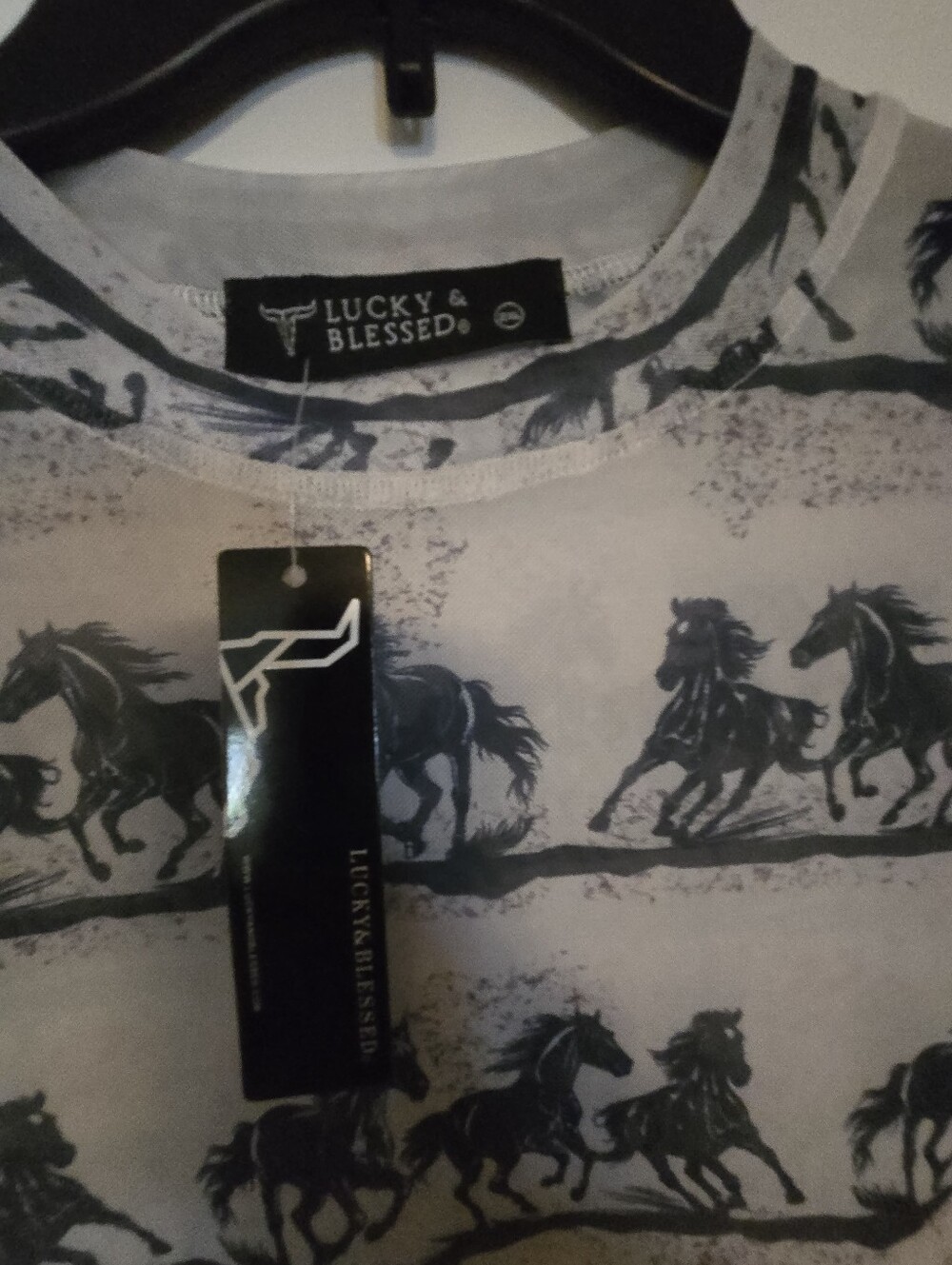 Lucky & Blessed Womens Mesh Shirt with Blur Running Horse Print